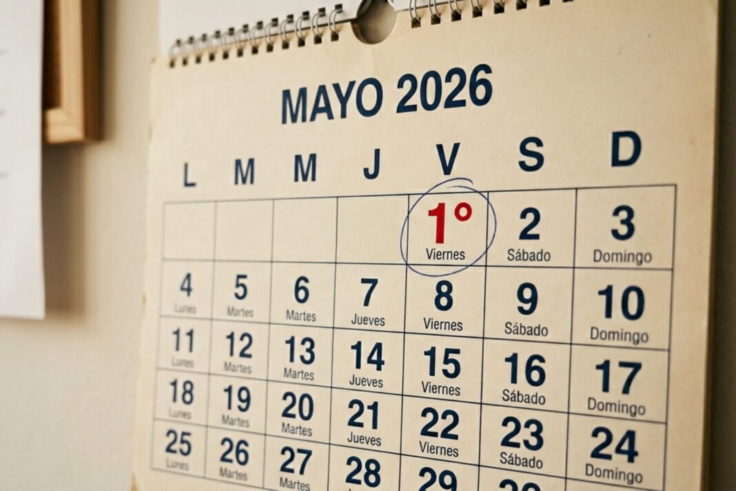 Calendario de mayo 2026 marcando el feriado del Día del Trabajador el viernes 1