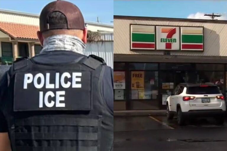 Ilustración de una tienda 7-Eleven con un símbolo de advertencia, representando el caso de extorsión con identidad falsa.