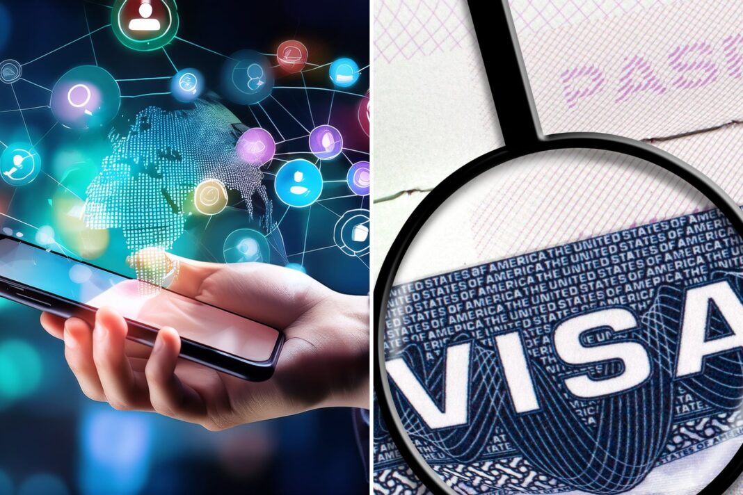 Bandera de Estados Unidos junto a un teléfono móvil mostrando iconos de redes sociales