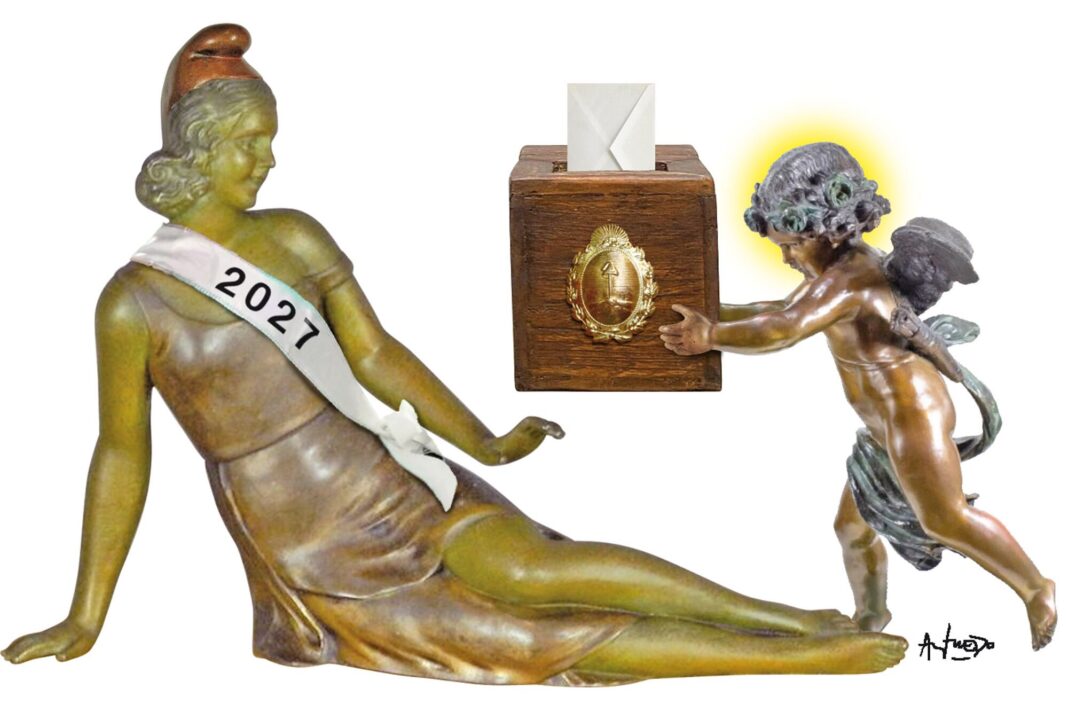 Ilustración de un calendario marcando el año 2027 con símbolos políticos de fondo.