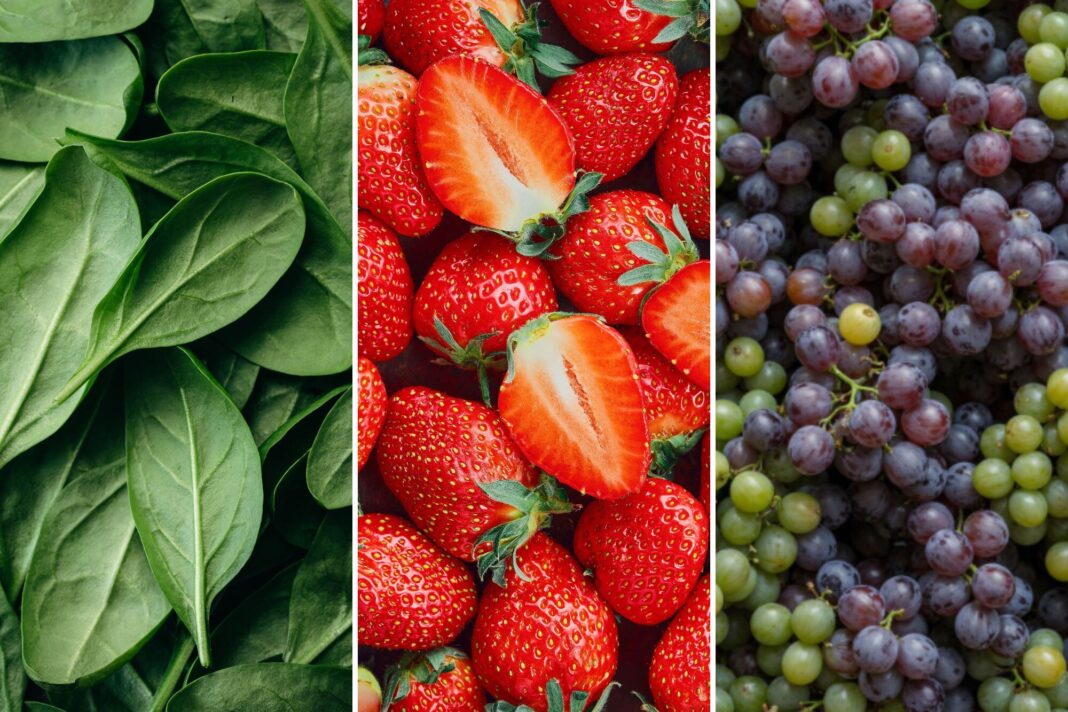 Espinacas frescas en una canasta, representando el alimento con mayor residuo de pesticidas según el informe de 2026