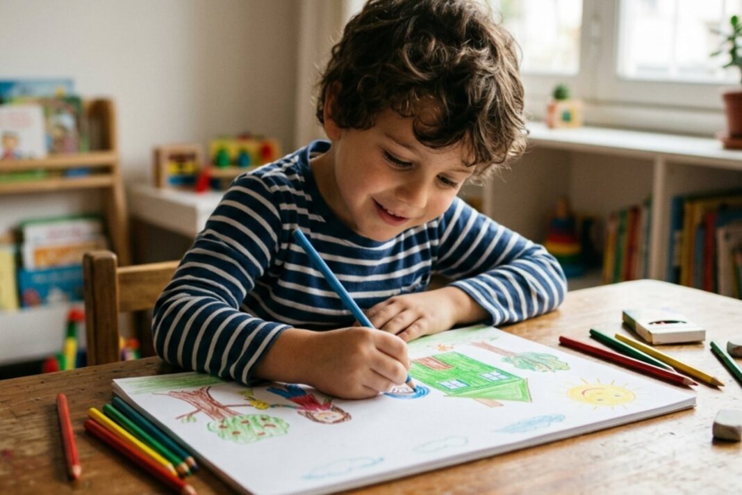 Niño concentrado dibujando en una hoja de papel, rodeado de lápices de colores.