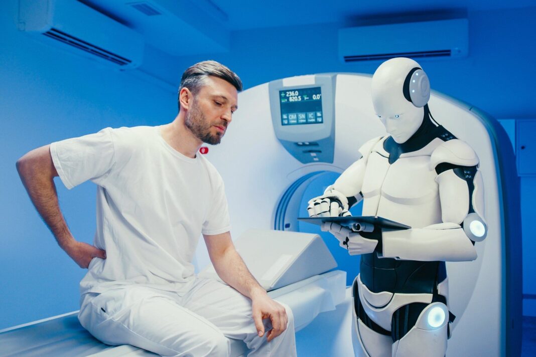 Ilustración de una persona interactuando con un chatbot de inteligencia artificial en una pantalla, con símbolos médicos de fondo.