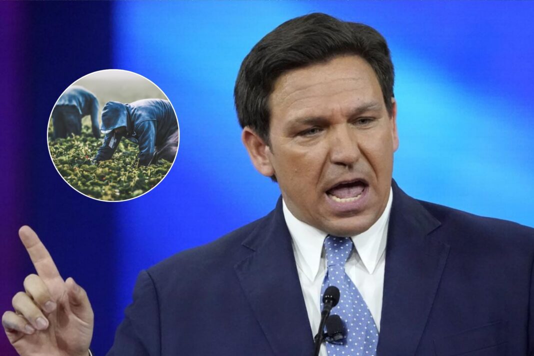 Gobernador Ron DeSantis firma la ley SB 290 en Florida, con símbolos de agricultura y maquinaria de fondo.