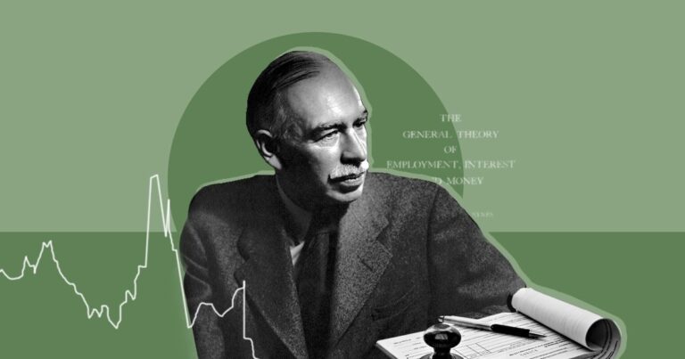 Retrato de John Maynard Keynes junto a libros de economía