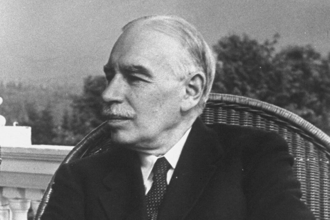 Retrato en blanco y negro de John Maynard Keynes, economista británico.