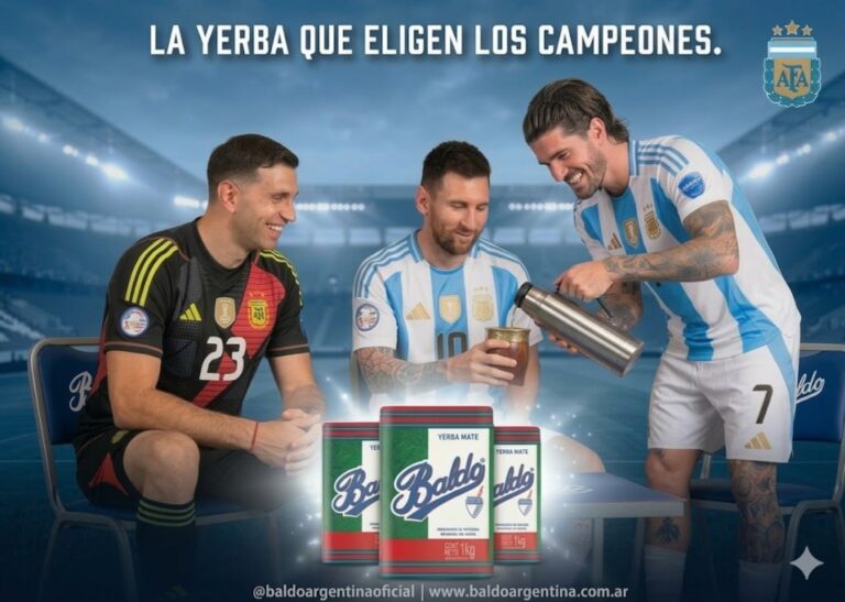 Imagen referencial de paquetes de yerba mate argentina y brasileña con la camiseta de la Selección Argentina de fondo.