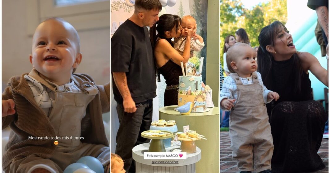 Sol Pérez y su hijo Marco durante la celebración de su primer cumpleaños con temática de granja.