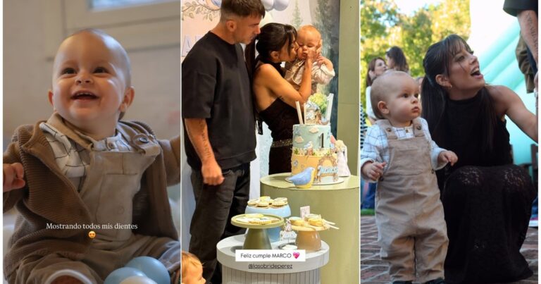 Sol Pérez y su hijo Marco durante la celebración de su primer cumpleaños con temática de granja.