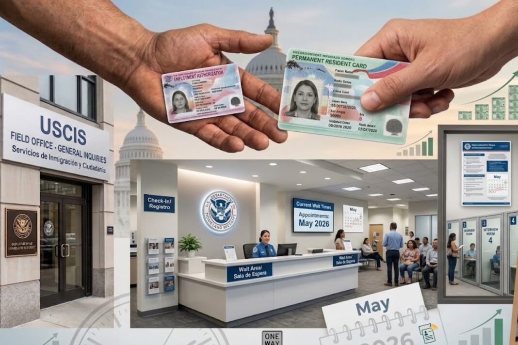 Sello del USCIS con tablas del Boletín de Visas de mayo 2026