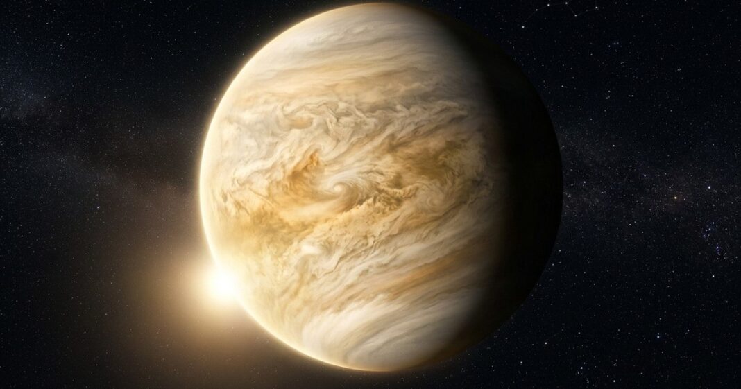 Ilustración artística del planeta Venus en el espacio, representando el concepto de retrogradación.