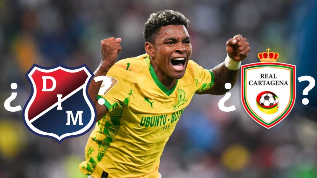 Brayan León celebrando un gol con la camiseta del Mamelodi Sundowns