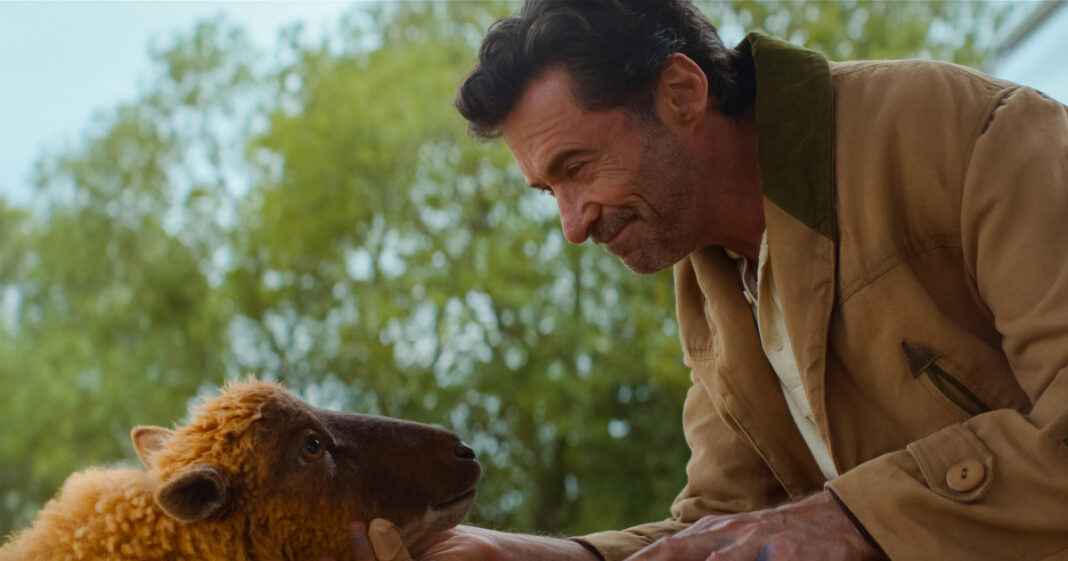 Póster de la película Las ovejas detectives con Hugh Jackman y ovejas parlantes