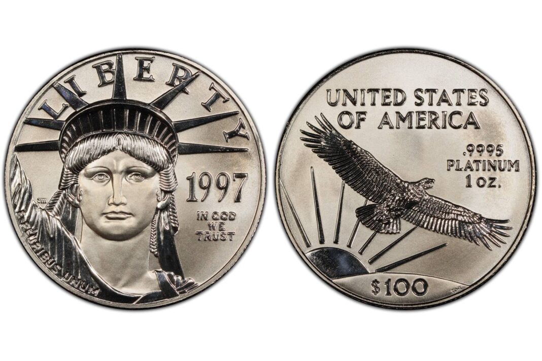 Moneda American Platinum Eagle de 1997 en primer plano