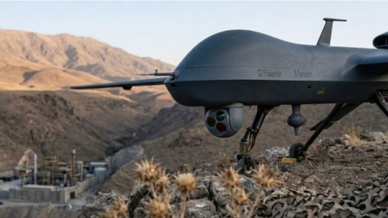 Representación del sistema de inteligencia artificial Palantir Maven procesando datos militares