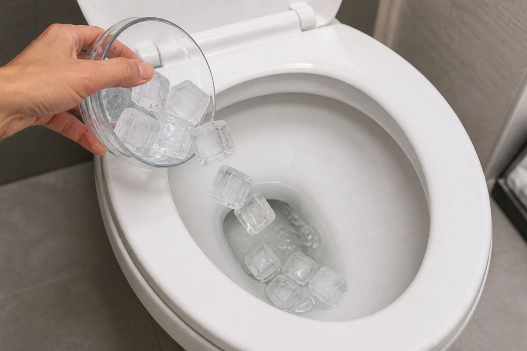 Cubos de hielo dentro de un inodoro como parte de un truco de limpieza casero