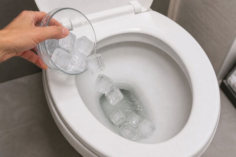 Cubos de hielo dentro de un inodoro como parte de un truco de limpieza casero