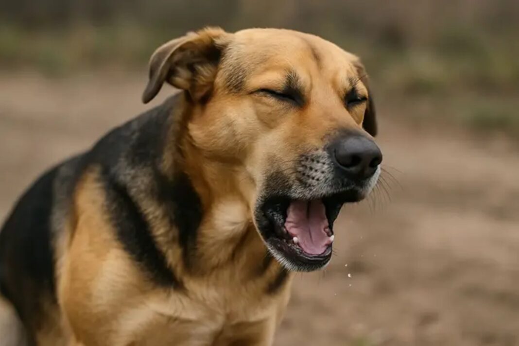 Perro tosiendo en el suelo de un hogar, con mirada atenta