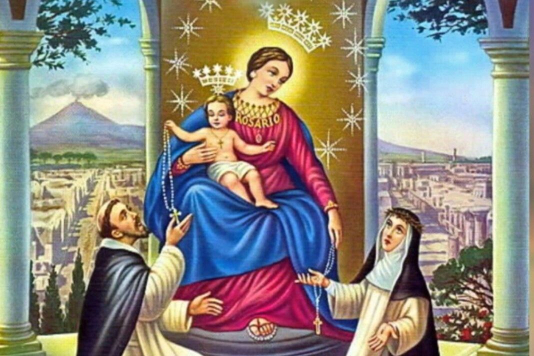 Cuadro de la Virgen de Pompeya con el Niño Jesús, rodeada de rosarios y flores